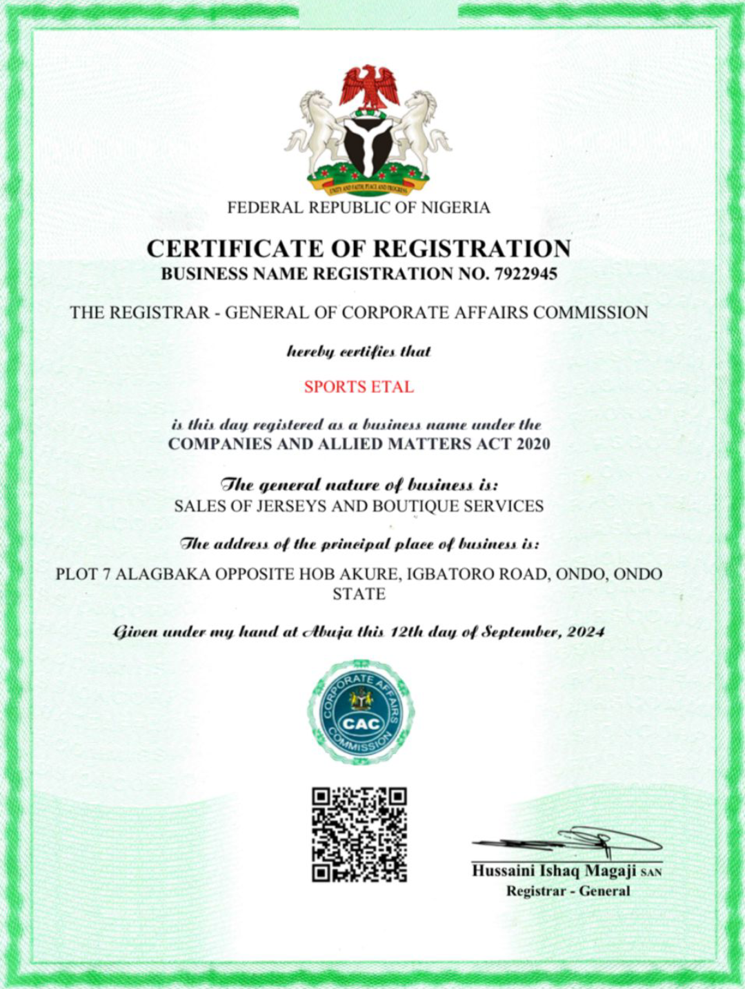 Sports Etal CAC Certificate of Registration